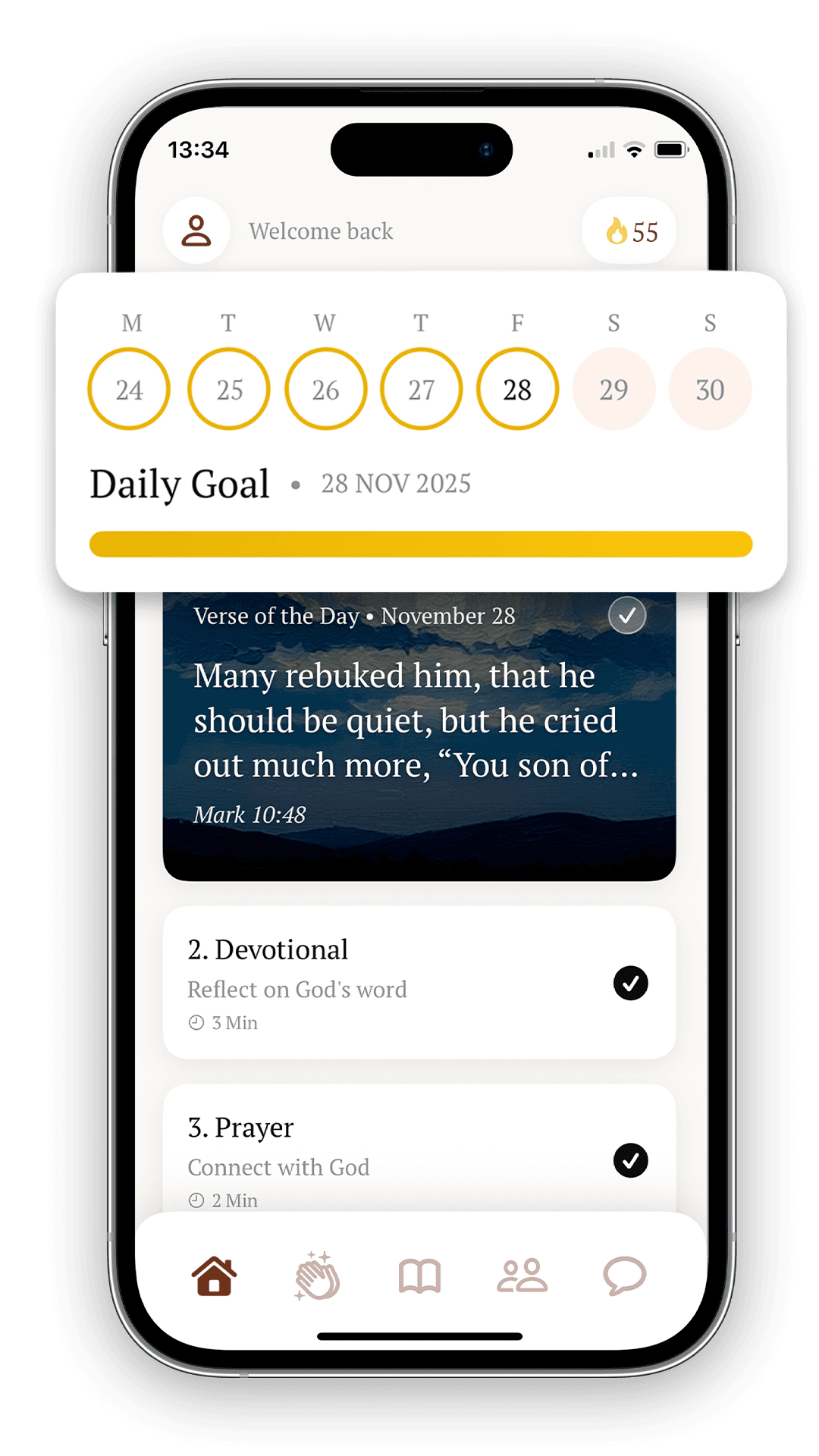 The Holy Space home screen showing the daily goal, verse of the day, devotional, and prayer
